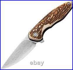 Bestech Knives Bambi Liner Folding Knife 3.13 Damascus Steel Blade Stag Handle