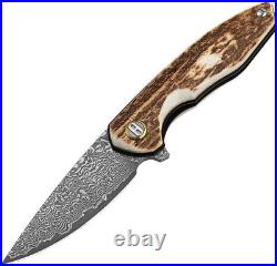 Bestech Knives Bambi Liner Folding Knife 3.13 Damascus Steel Blade Stag Handle