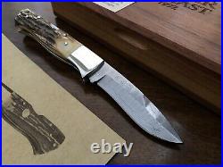 Boker 1992 Damascus Damast Folding Knife Stag Handle Solingen Germany