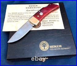 Boker Damascus Folding Pocket Knife in Box Red Bone Handmade Rare