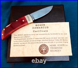 Boker Damascus Folding Pocket Knife in Box Red Bone Handmade Rare