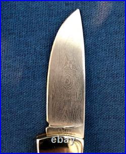 Boker Damascus Folding Pocket Knife in Box Red Bone Handmade Rare