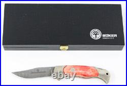 Boker Damascus III Folding Knife Nickel Silver Red Bone Inlay Germany with Box
