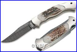 Boker Scout Lockback Folding Knife 3.13 Damascus Steel Clip Blade Stag Handle