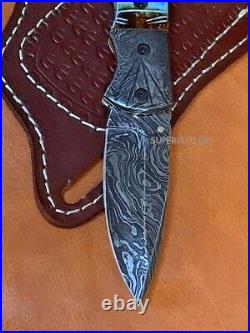 Bold Stunner Damascus Steel Colored Flamed Bone Handle Pocket Knife Folding Knif
