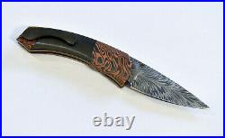 Brandant Robinson Guardian Custom Folding Knife Feather Damascus + CuZr Mokume