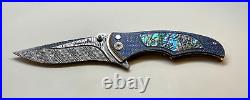 Brian Tighe Tactical Knife with Damascus, Titanium & Abalone Flipper Operation