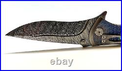 Brian Tighe Tactical Knife with Damascus, Titanium & Abalone Flipper Operation