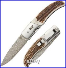 Browning Illusion Linerlock Folding Knife 3 Damascus Steel Blade Stag Handle
