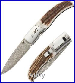 Browning Illusion Linerlock Folding Knife 3 Damascus Steel Blade Stag Handle