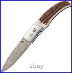 Browning Illusion Linerlock Stag Folding Damascus Drop Point Pocket Knife 0370