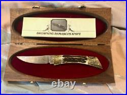 Browning Limited Edition Damascus Folding Pocket Knife Stag, Walnut Case