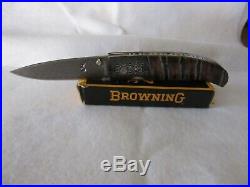 Browning Linerlock Folding Knife Damascus Steel Blade Mammoth Tooth Handle