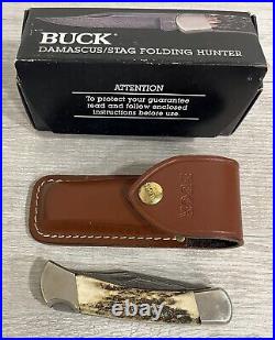 Buck 110 DM Damascus CAT 1684 Knife, with box and sheath, Made In USA Stag hand