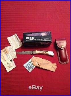 Buck 110 Damascus Stag Folding Knife Box Sheath Papers 1990 NOS