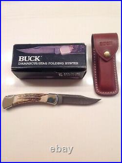 Buck 110 Folding Hunter Knife with Stag Handle and Damascus Blade Box Sheath NOS