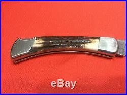 Buck 110 Folding Knife, Stag handles, Damascus blade, circa 1989, new case