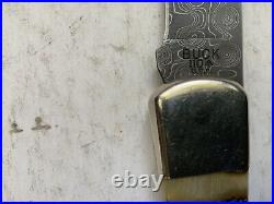 Buck 110 Stainless Damascus With Rams Horn Handles, 2008 From Buck Custom Shop