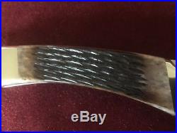 Buck 110 damascus blade folding knife jigged brown bone handle Never used
