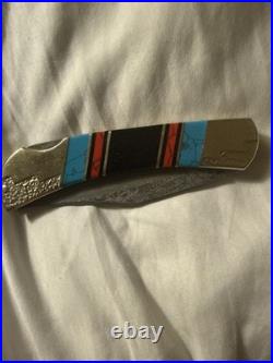 Buck 110y2 Custom Damascus Folding Knife Limited Wolf #0375 With Torquise Inlays