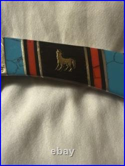 Buck 110y2 Custom Damascus Folding Knife Limited Wolf #0375 With Torquise Inlays