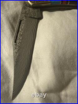 Buck 110y2 Custom Damascus Folding Knife Limited Wolf #0375 With Torquise Inlays