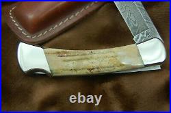 Buck Knife 110 Folding Hunter Vintage Stag & Damascus With Sheath Nice