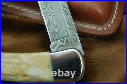 Buck Knife 110 Folding Hunter Vintage Stag & Damascus With Sheath Nice