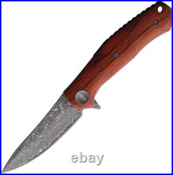 BucknBear Falcon Pocket Knife Linerlock Brown Wood Folding Damascus Blade 1086M