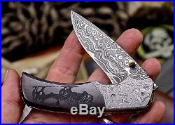 CFK Handmade Damascus Custom BUFFALO DREAMCATCHER Scrimshaw Bone Folding Knife