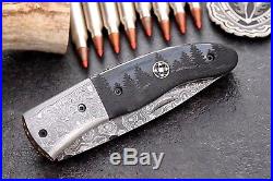 CFK USA Custom Handmade Damascus FOREST Scrimshaw Art Folding Pocket Camp Knife