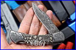 CFK USA Custom Handmade Damascus SNAKESKIN Scrimshaw Art Lockback Folding Knife
