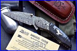 CFK USA DAVID YELLOWHORSE Custom Handmade Damascus Folding EAGLE SCRIMSHAW Knife