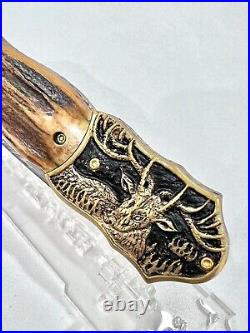 CUSTOM FOLDING ART KNIFE DAMASCUS Steel Antler Carved Brass Engraving RARE Craft