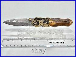 CUSTOM FOLDING ART KNIFE DAMASCUS Steel Antler Carved Brass Engraving RARE Craft