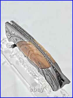 CUSTOM FOLDING ARTS KNIFE DAMASTEEL Damascus steel Sweden carved Horn RARE craft