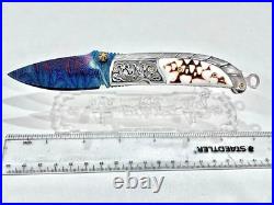 CUSTOM FOLDING ARTS KNIFE Mosaic Damascus STEEL engrav shells RARE LEK BOVI L-28