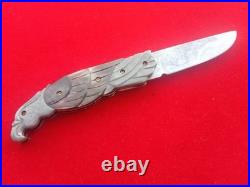 CUSTOM FOLDING KNIFE Alabama Damascus STEEL Black pearl Carved Eagle craft Arts
