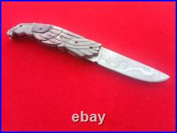 CUSTOM FOLDING KNIFE Alabama Damascus STEEL Black pearl Carved Eagle craft Arts