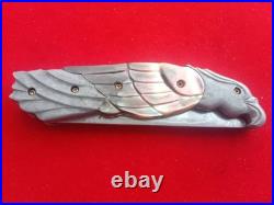 CUSTOM FOLDING KNIFE Alabama Damascus STEEL Black pearl Carved Eagle craft Arts