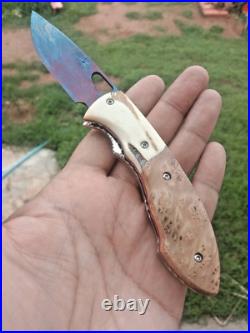 CUSTOM FOLDING KNIFE Blued Damascus steel Burl Exotic Wood Antler handmade RARE
