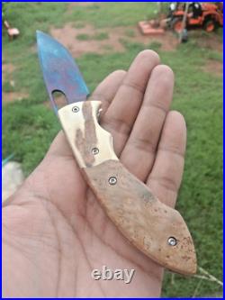CUSTOM FOLDING KNIFE Blued Damascus steel Burl Exotic Wood Antler handmade RARE