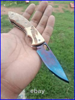 CUSTOM FOLDING KNIFE Blued Damascus steel Burl Exotic Wood Antler handmade RARE