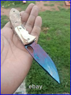 CUSTOM FOLDING KNIFE Blued Damascus steel Burl Exotic Wood Antler handmade RARE