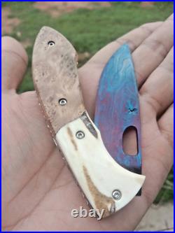 CUSTOM FOLDING KNIFE Blued Damascus steel Burl Exotic Wood Antler handmade RARE