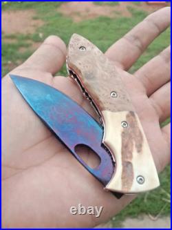 CUSTOM FOLDING KNIFE Blued Damascus steel Burl Exotic Wood Antler handmade RARE