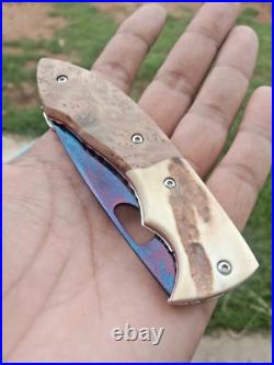 CUSTOM FOLDING KNIFE Blued Damascus steel Burl Exotic Wood Antler handmade RARE