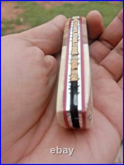 CUSTOM FOLDING KNIFE Blued Damascus steel Burl Exotic Wood Antler handmade RARE