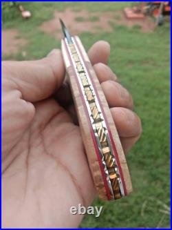 CUSTOM FOLDING KNIFE Blued Damascus steel Burl Exotic Wood Antler handmade RARE