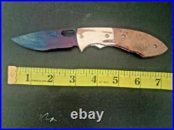 CUSTOM FOLDING KNIFE Blued Damascus steel Burl Exotic Wood Antler handmade RARE